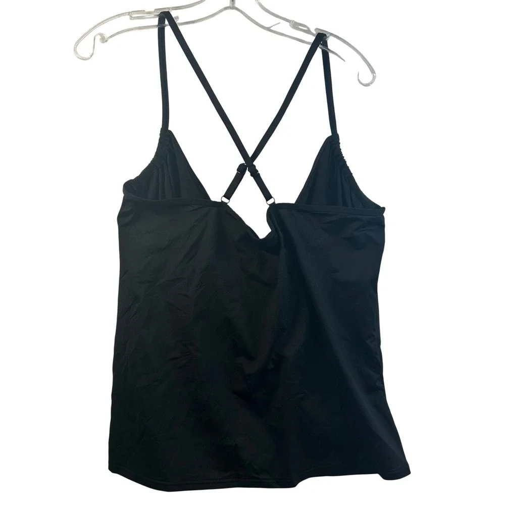 Lands End Black Surplice Wrap Tankini Top Ruched Adjustable Straps Size 16‎